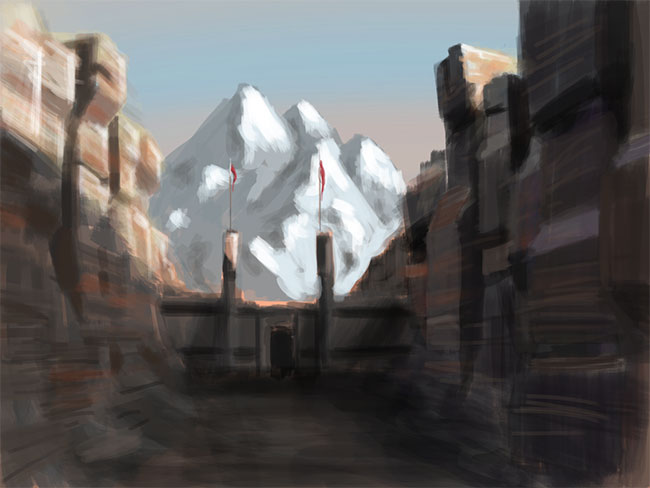 Painting of a stone gate across a moutain pass